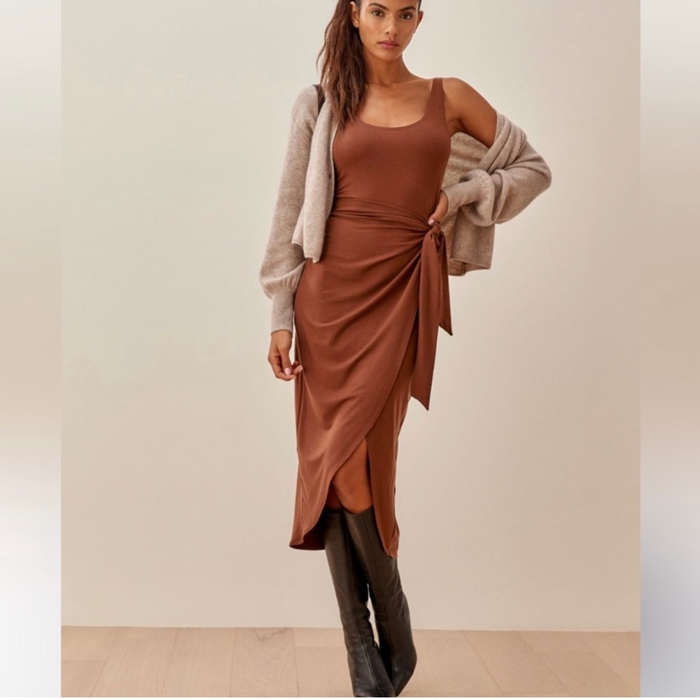 Reformation Kaila Knit Midi Dress in Brown Chestnut Size XL